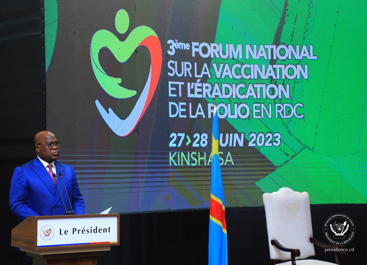 Le Président Félix-Antoine Tshisekedi à la clôture du troisième Forum national sur la vaccination et l’éradication de la poliomyélite en RDC, le 28/06/2023<br />Présidence RDC 20230629080744640235_506136f7-272f-49d6-9f6e-c5756c6d385d.jpg?imgmax=1200