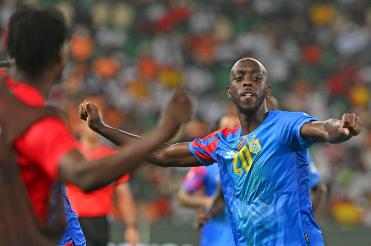 Yoane Wissa célébrant son but maqué contre le Syli national de la Guinée le 2/02/2024. <br />CAF