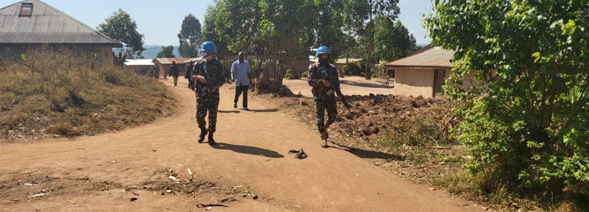 Des casques bleus entrain de mener une patrouille dans le village Laudjo dans le groupement Djaiba dans le territoire de Djugu ou on a tué 52 personnes. Ituri, le 19 février 2025<br />Radio Okapi/Ph. Isaac Remo Yope 20250219151356577885_IMG-20250219-WA0023.jpg?imgmax=1200