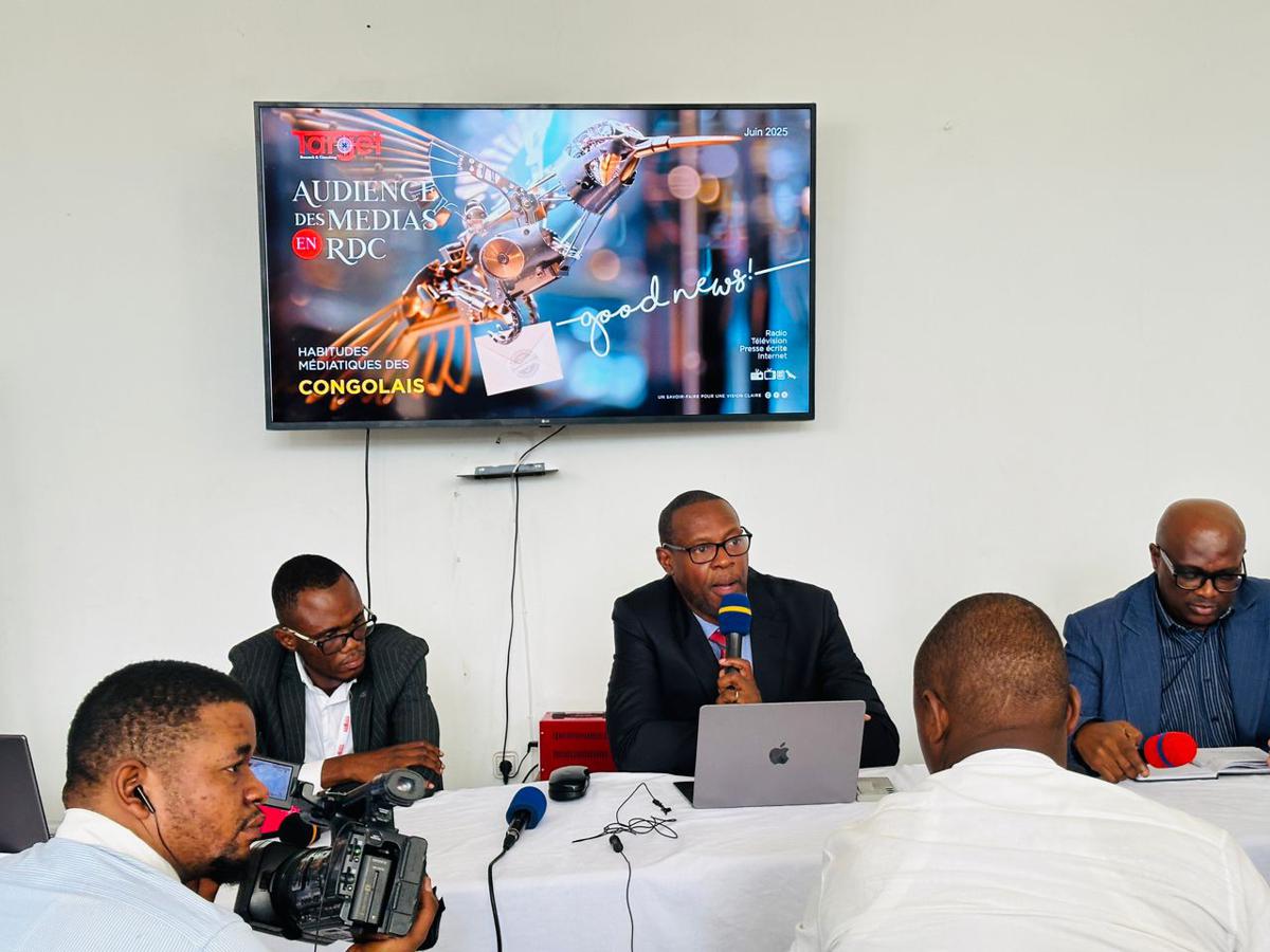 Des responsables du Groupe Target SARL, jeudi 19 juin 2025 à Kinshasa, lors de la présentation du rapport des audiences des médias en RDC.<br />Photo/Droits Tiers. 20250619190356945030_Target_one.jpg?imgmax=1200