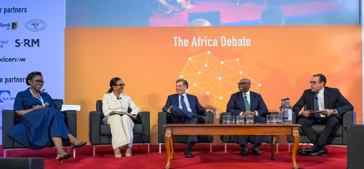 Monique Gieskes, Directrice générale de la société Plantations et Huileries du Congo (PHC) et autres invités à la tribune d'Africa Debate 2025, à Londres, en Grande-Bretagne.<br /> <br />Photo Droits Tiers. 20250704195635967148_PHC.jpg?imgmax=1200