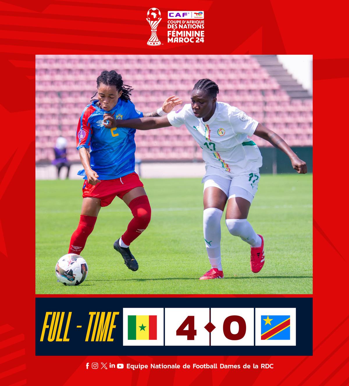 Une joueuse congolaise aux prises avec une Sénégalaise, dimanche 6 juillet 2027, lors du match du groupe A de la CAN féminine 2025, au Maroc. <br />Photo/FECOFA. 20250707074515929210_match.jpg?imgmax=1200