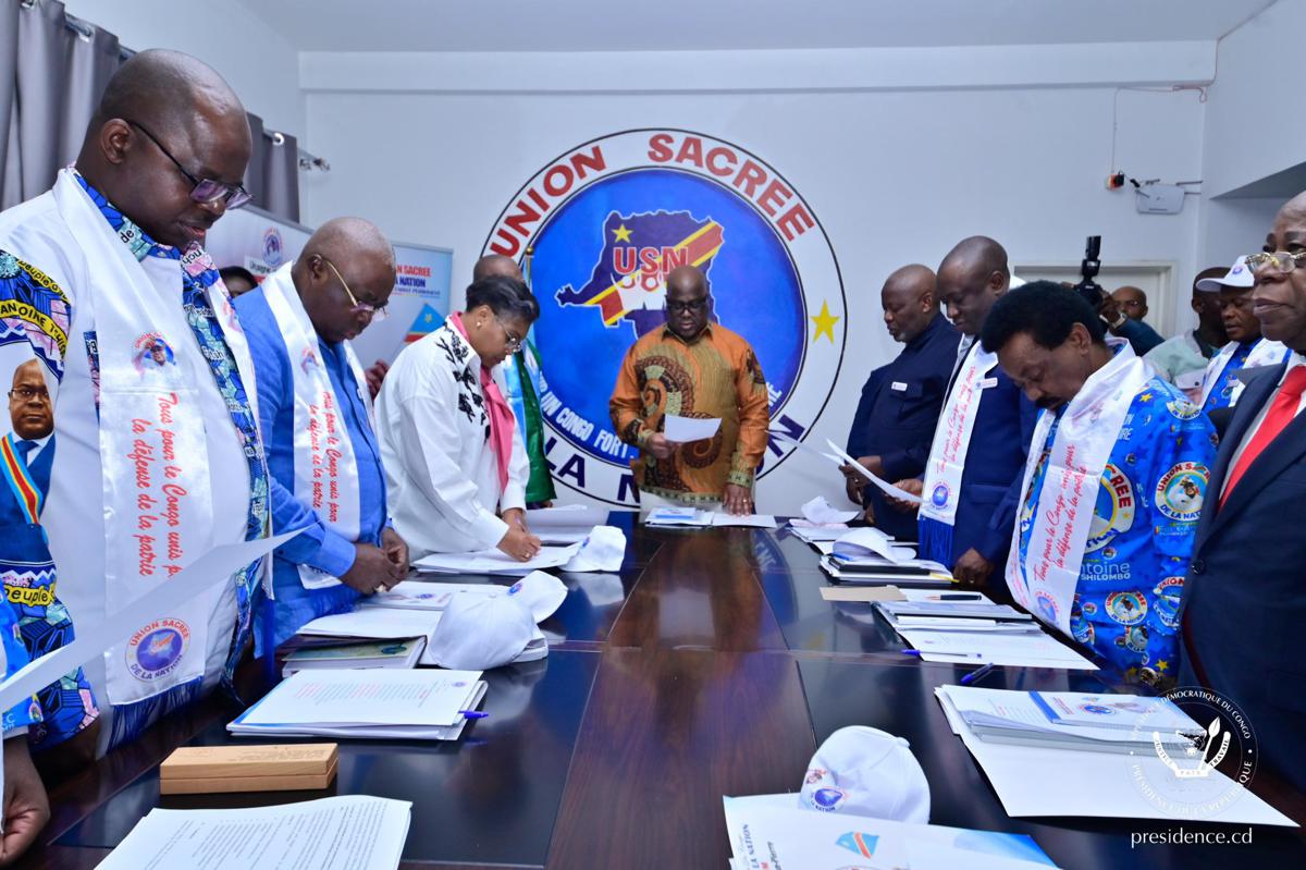 Le Président Félix-Antoine Tshisekedi conduisant la réunion de l'Union sacrée le 10/08/2025. <br />Présidence RDC 20250811122921903909_GyBhSiEWMAMi8ck.jpeg?imgmax=1200
