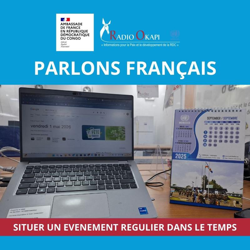 Image d’un ordinateur affichant la date de la Fête du Travail et un calendrier, illustrant l’idée de situer un événement dans le temps.<br />Radio Okapi/Ph. Ronely Ntibonera
