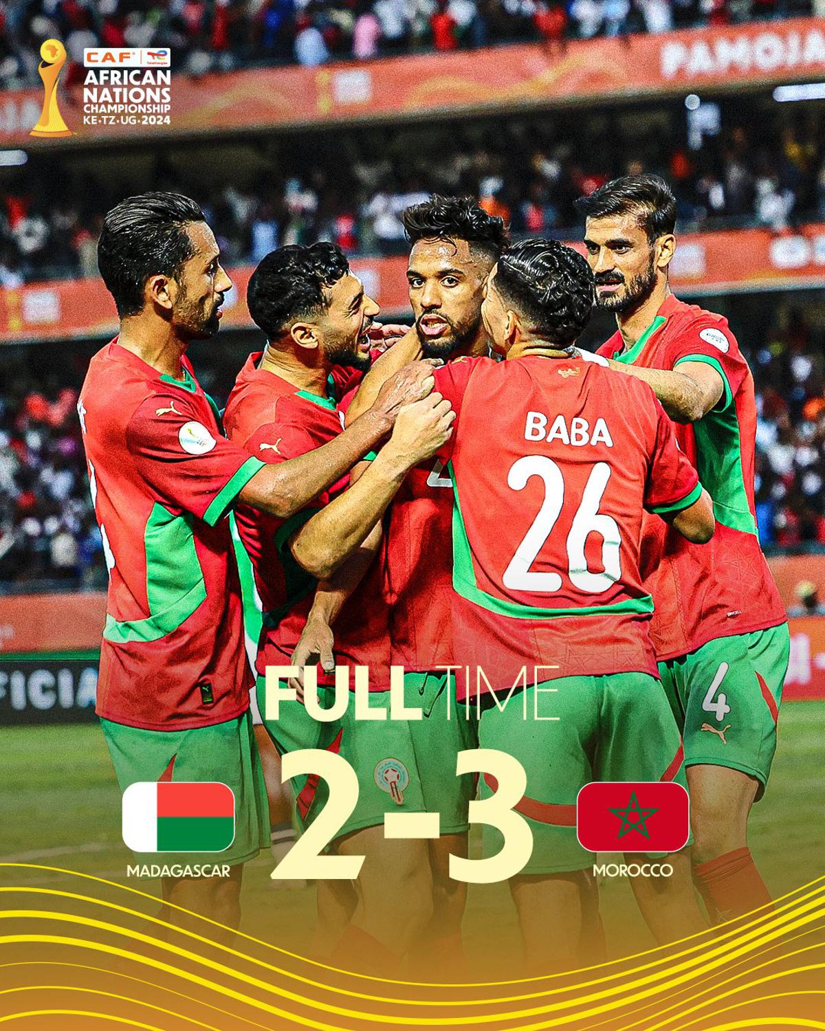 Les Marocains célèbrent leur but de la victoire face aux Malgaches, samedi 30 août 2025, lors de la finale de la 8e édition du CHAN.<br />Photo/CAF. 20250831014953810483_maoc.jpg?imgmax=1200