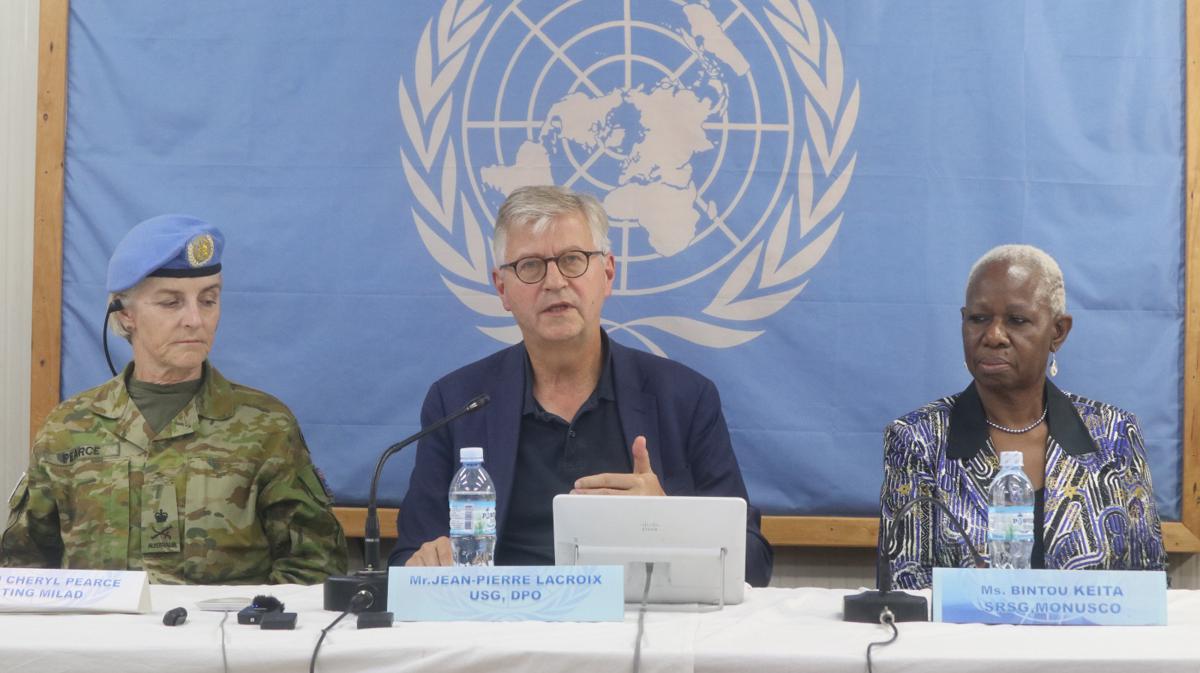 Conférence de presse de Jean-Pierre Lacroix, secrétaire général adjoint de l’ONU chargé des opérations de paix,( au milieu), le 7septembre 2025 dans la ville de Beni ( Nord-Kivu).<br />Photo MONUSCO 20250907163123845393_WhatsApp_Image_2025-09-07_at_14.41.28.jpeg?imgmax=1200