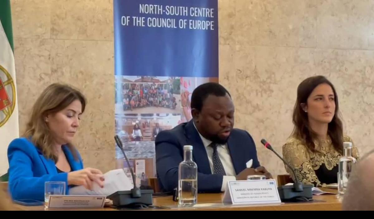 Le ministre des Droits des humains, Samuel Mbemba lors de son discours, mercredi 29 octobre 2025, aux assises du Conseil de l'Europe.<br />Photo/Cellcom ministère des DH.