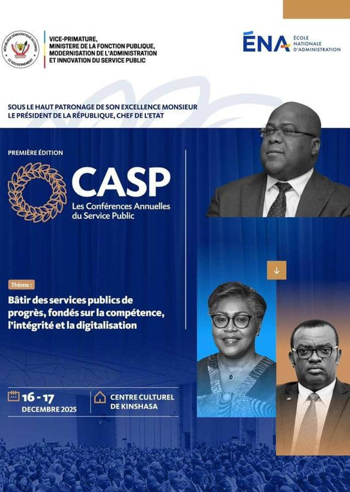 Enseigne des Conférences annuelles du service public qui se tiennent du 16 au 17 decembre2025, à Kinshasa.<br />Photo/Cellcom ENA.