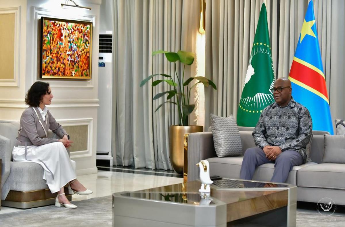 Au cours d'un échange avec le Chef de l'Etat, Félix Tshisekedi, mardi 17 février 2026 à Kinshasa, la commissaire Hadja Lahbib a annoncé une allocation de 81,2 millions d’euros d’aide humanitaire aux populations de l'Est de la RDC.<br />Photo/Cellcom Présidence de la Rép.