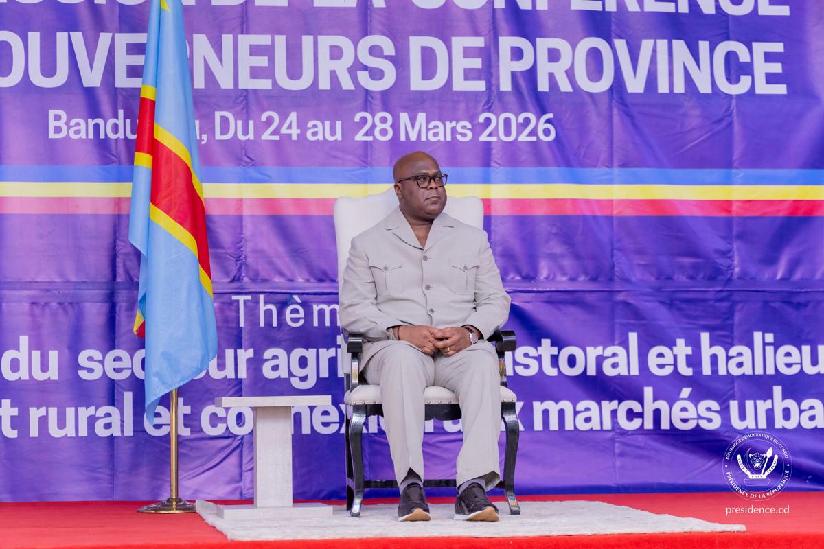 Le President Félix Tshisekedi lors de la clôture de la 13e conférence des gouverneurs de province le 27 mars 2026 à Bandundu (Kwilu).</p>
<p><br />Photo Présidence RDC