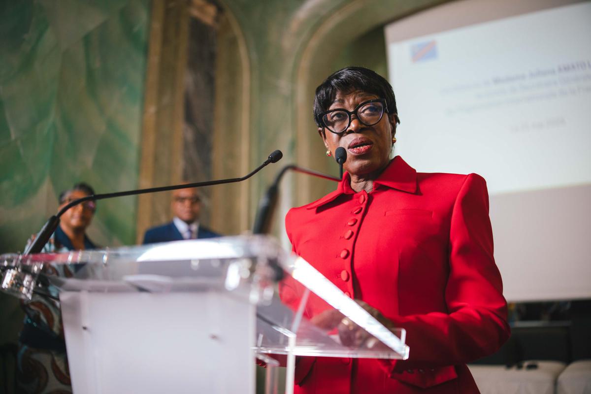 Juliana Amato Lumumba, lors du lancement officiel de sa candidature au poste de Secrétaire générale de l’Organisation internationale de la Francophonie (OIF), jeudi 21 mai 2026 à Paris (France).<br />Photo/PrimatureRDC