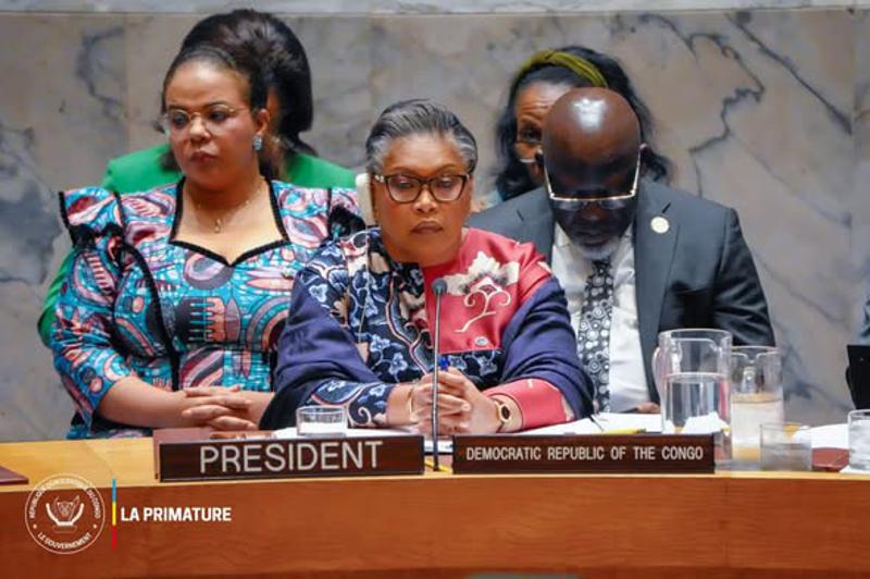 La Première ministre de la RDC, Judith Suminwa, présidant une séance du Conseil de sécurité de l’ONU, mercredi 8 juillet 2026<br />Photo PrimatureRDC