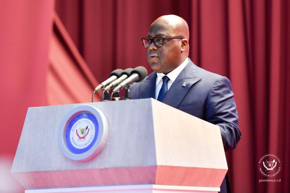 Le président Félix Tshisekedi lors de la cérémonie marquant les 10 ans du Collège des Hautes Études de Stratégie et de Défense (CHESD), le 20 août 2026<br />Celcom Présidence