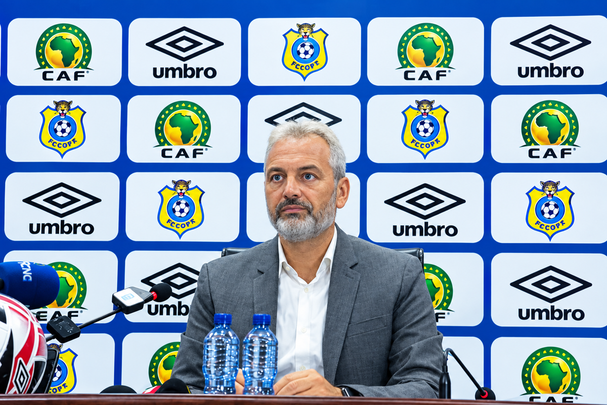 Le sélectionneur des Léopards de la RDC, Sébastien Desabre, en conférence de presse à Kinshasa, vendredi 18 septembre.</p>
<p><br />Radio Okapi/Ph. Vanessa Nkongolo